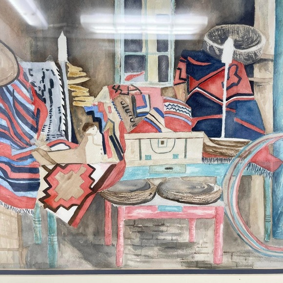 Vintage Framed Art Southwest Navajo Blanket Watercolor Painting Signed Pat Kelly - Picture 5 of 10